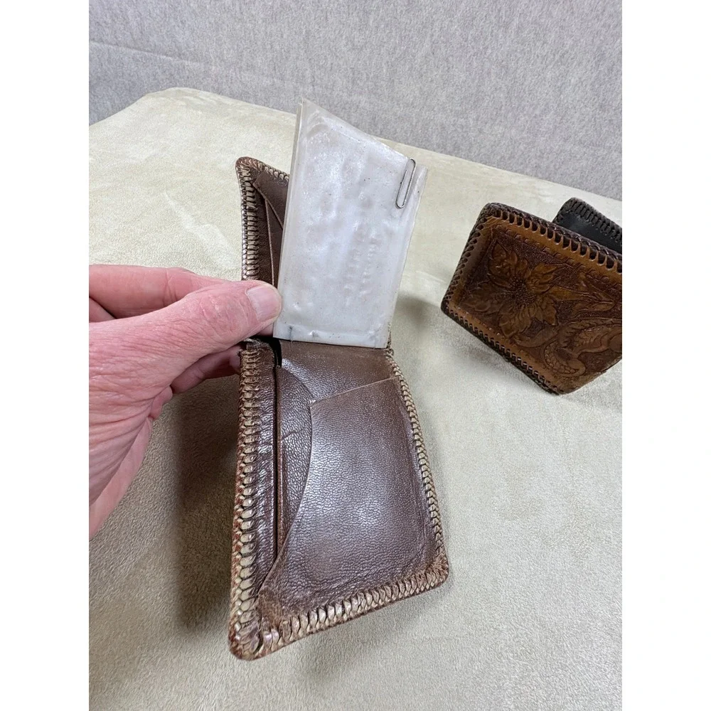 Vintage Hand Tooled Leather Wallet Set Mens Floral Western Bifold Whipstitch 2pc